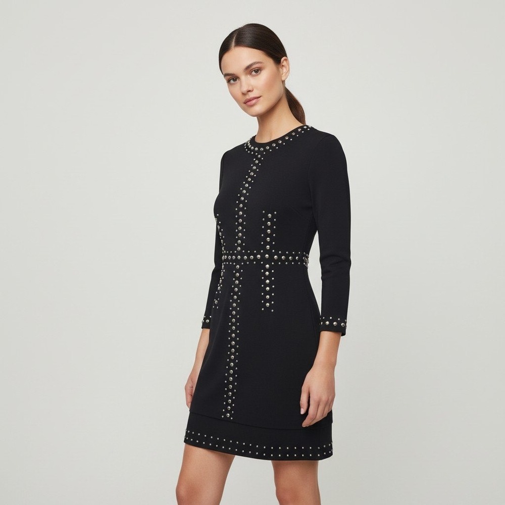 A.L.C. Black Studded Long Sleeve Mini Dress Size 0 Silver Stud Accents LBD